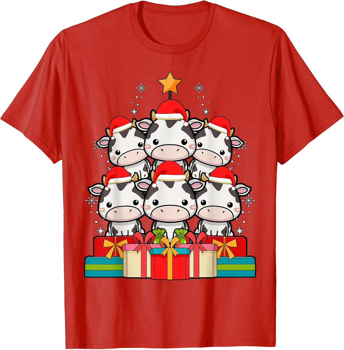 Cute Cow Pile Farm Farmer Christmas Tree Xmas Hat T-Shirt