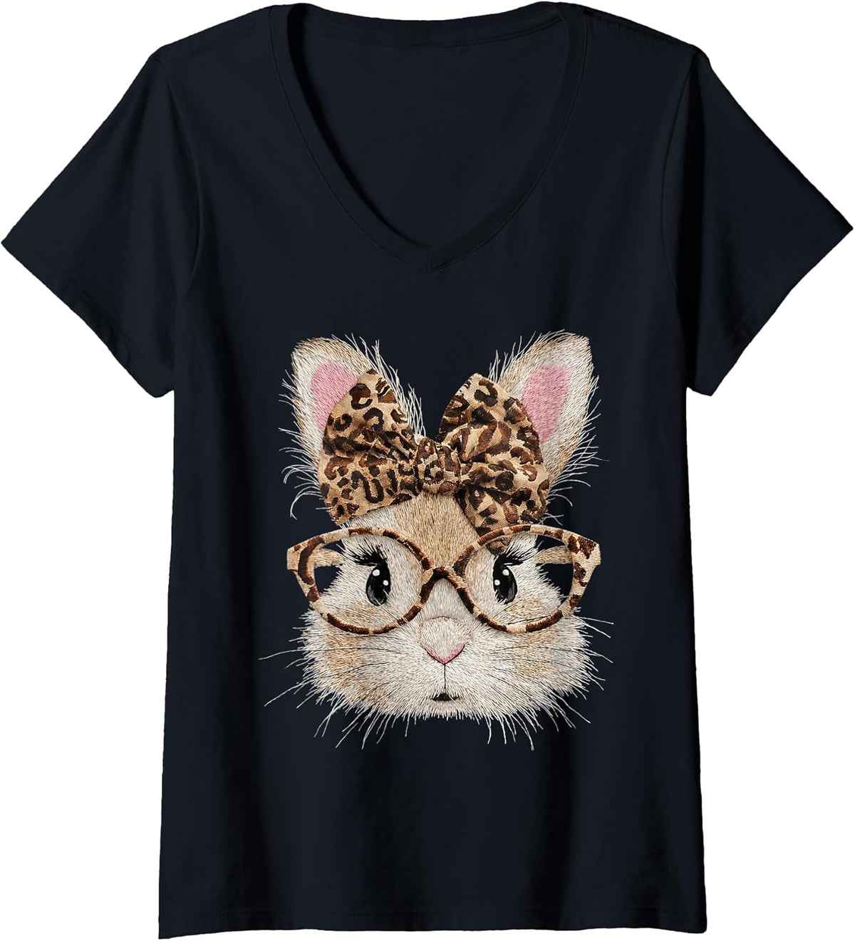 Women's Cute Bunny Rabbit Face Leopard Coquette Bow Glasses Easter V-Neck Unisex