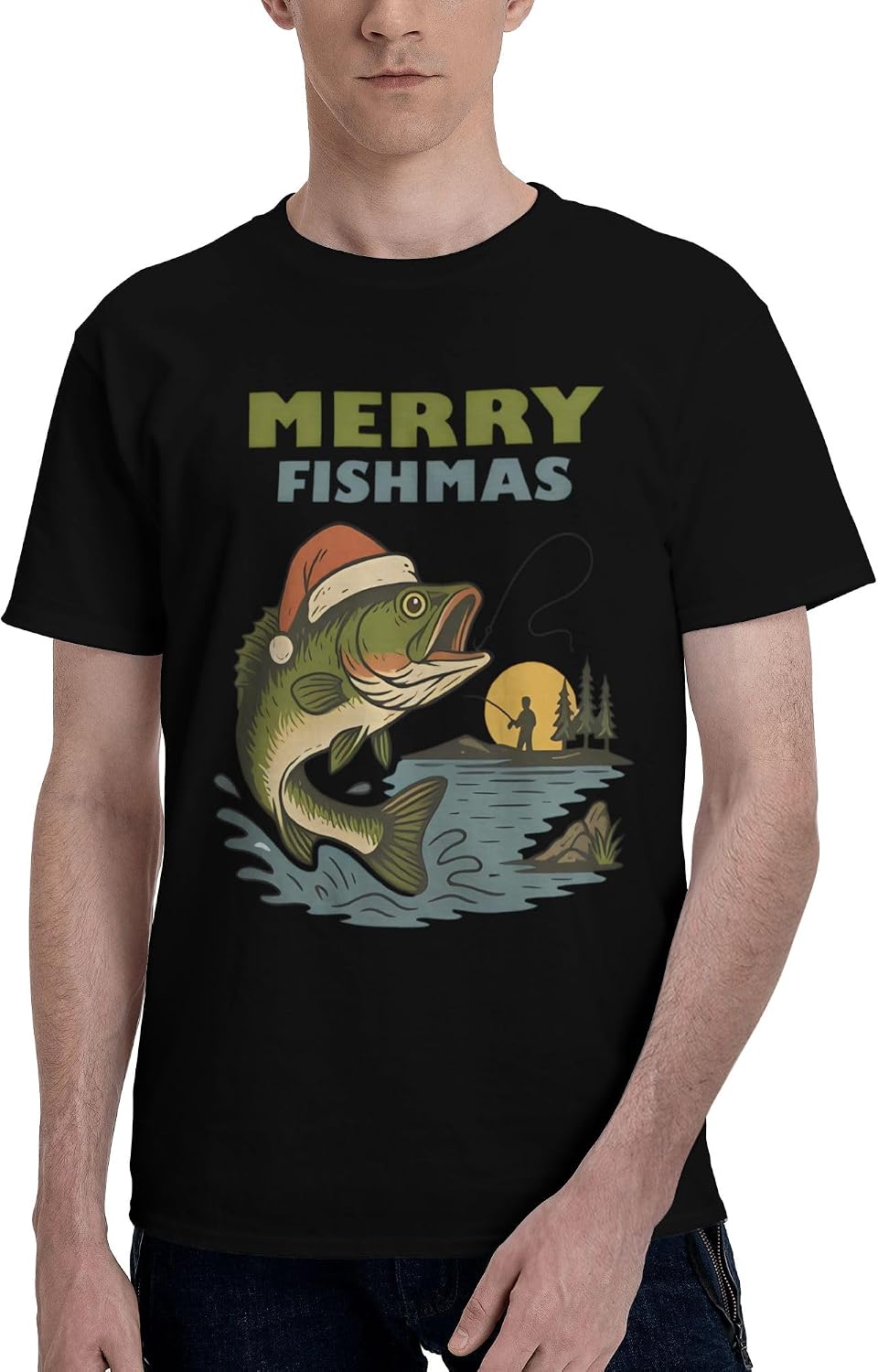 Fisherman Merry Christmas Retro Fishing T-Shirts for Men Short-Sleeved Casual Shirt Beach Party Tee Xmas Holiday Tops
