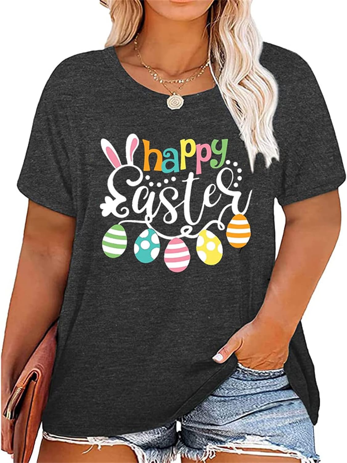 Women Plus Size Easter Shirt Easter Day Bunny Eggs Graphic Tshirt Hanging with My Peeps Letter Print Novelty Tops Tee