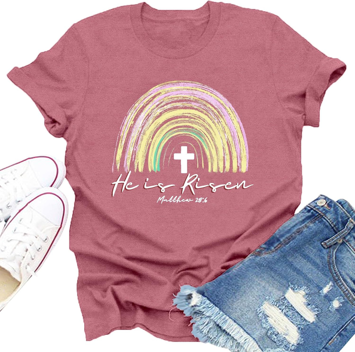 Christian Shirts for Women He is Risen Cross Rainbow Jesus Faith Tee Tops Unisex