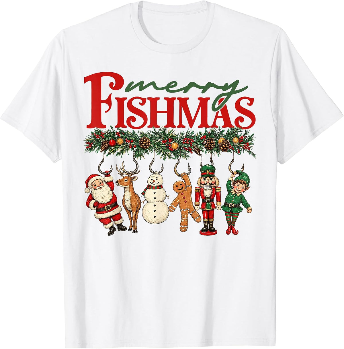 Retro Merry Fishmas Fishing Christmas Funny Fisherman Xmas T-Shirt