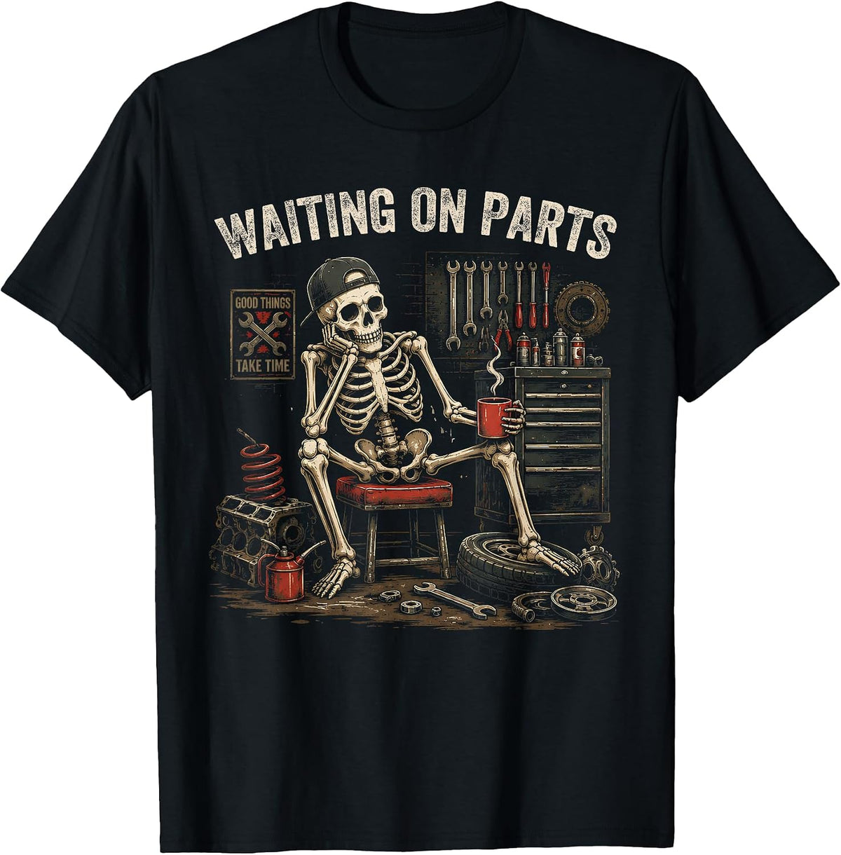 Funny Saying Waiting On Parts Car Mechanic Work Skeleton Men T-Shirt