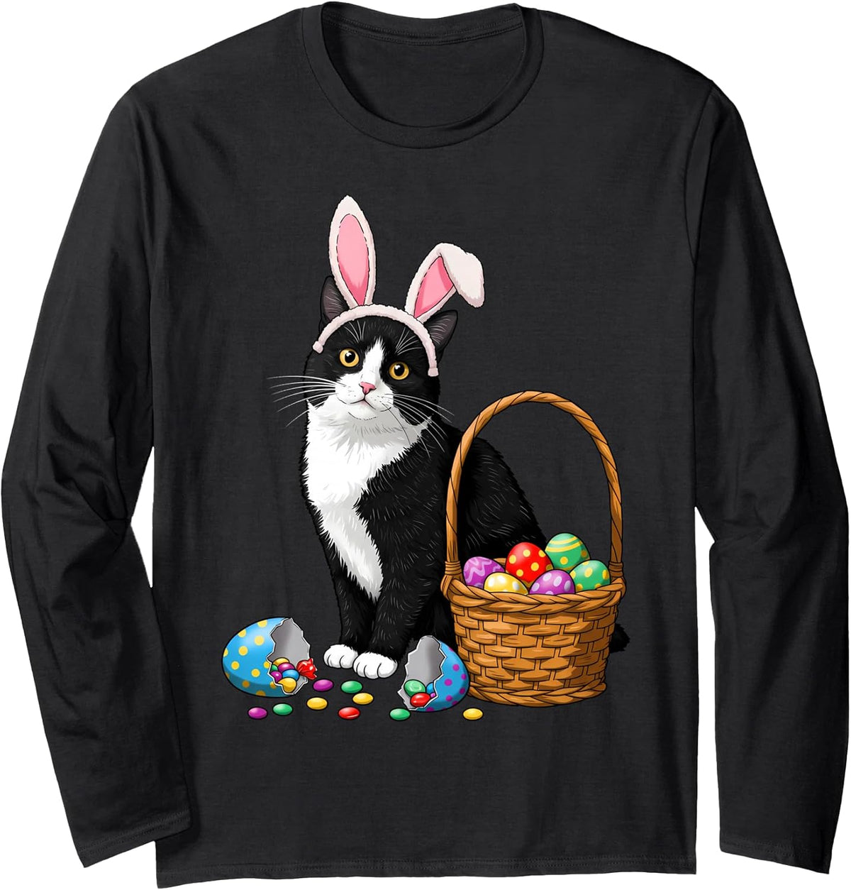 Easter Day Cat Bunny Ears Eggs Graphic Men Women Kids Funny Long Sleeve Unisex