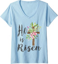 Womens He is Risen Floral Cross Vintage Happy Easter V-Neck Unisex
