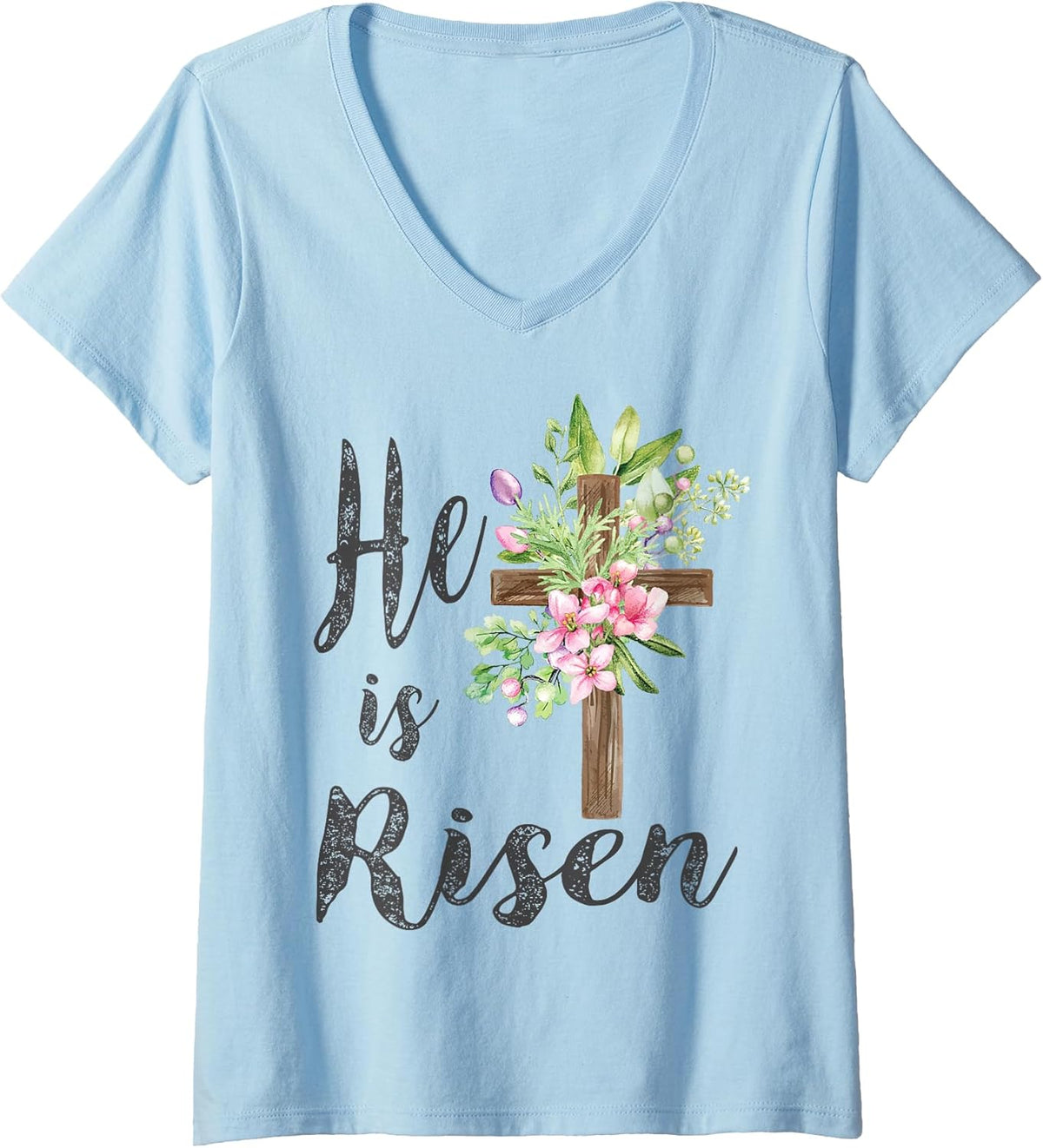 Womens He is Risen Floral Cross Vintage Happy Easter V-Neck Unisex