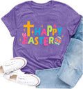 Christian Easter Shirts for Women Happy Easter Cross Bunny Egg Print Faith-Based Tee Tops