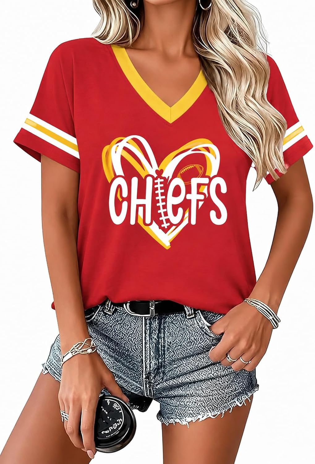 Women Football Shirts Game Day Football Team Fans Shirt V Neck Top