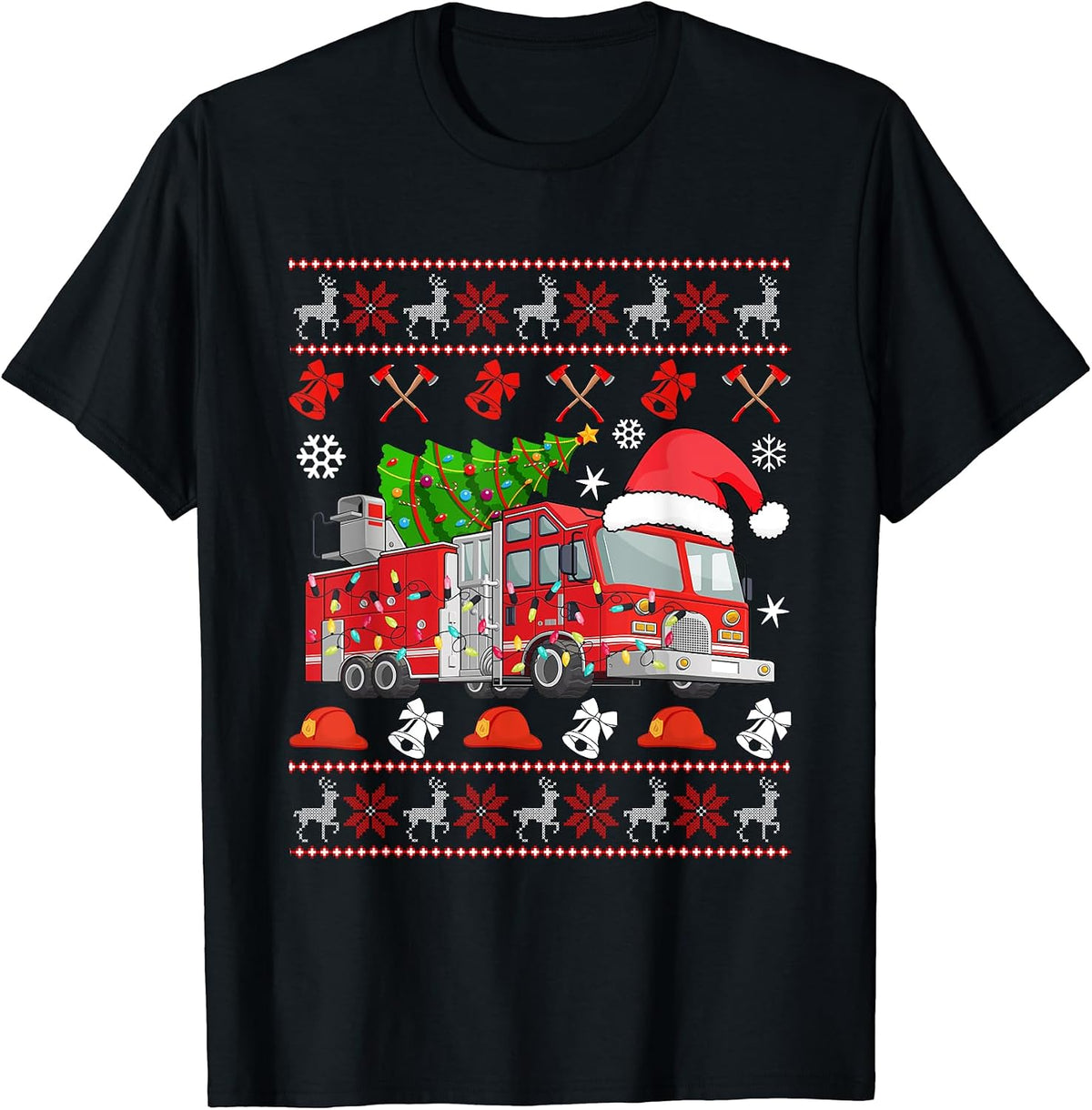 Reindeer Fire Truck Firefighter Tee