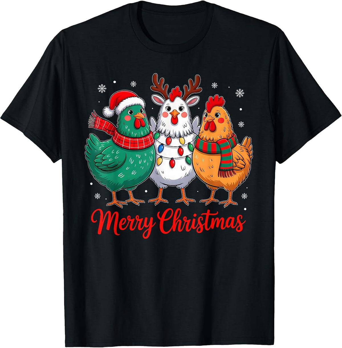 Merry Christmas Chicken Farmer Animal Santa Hat Xmas Lights T-Shirt