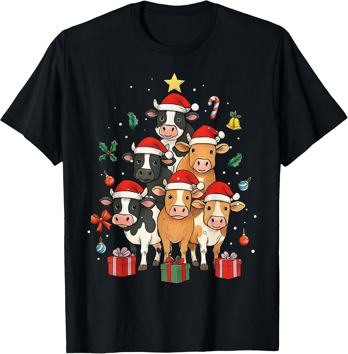Cute Cows Farm Cow Farmer Pile Christmas Tree Xmas Hat T-Shirt