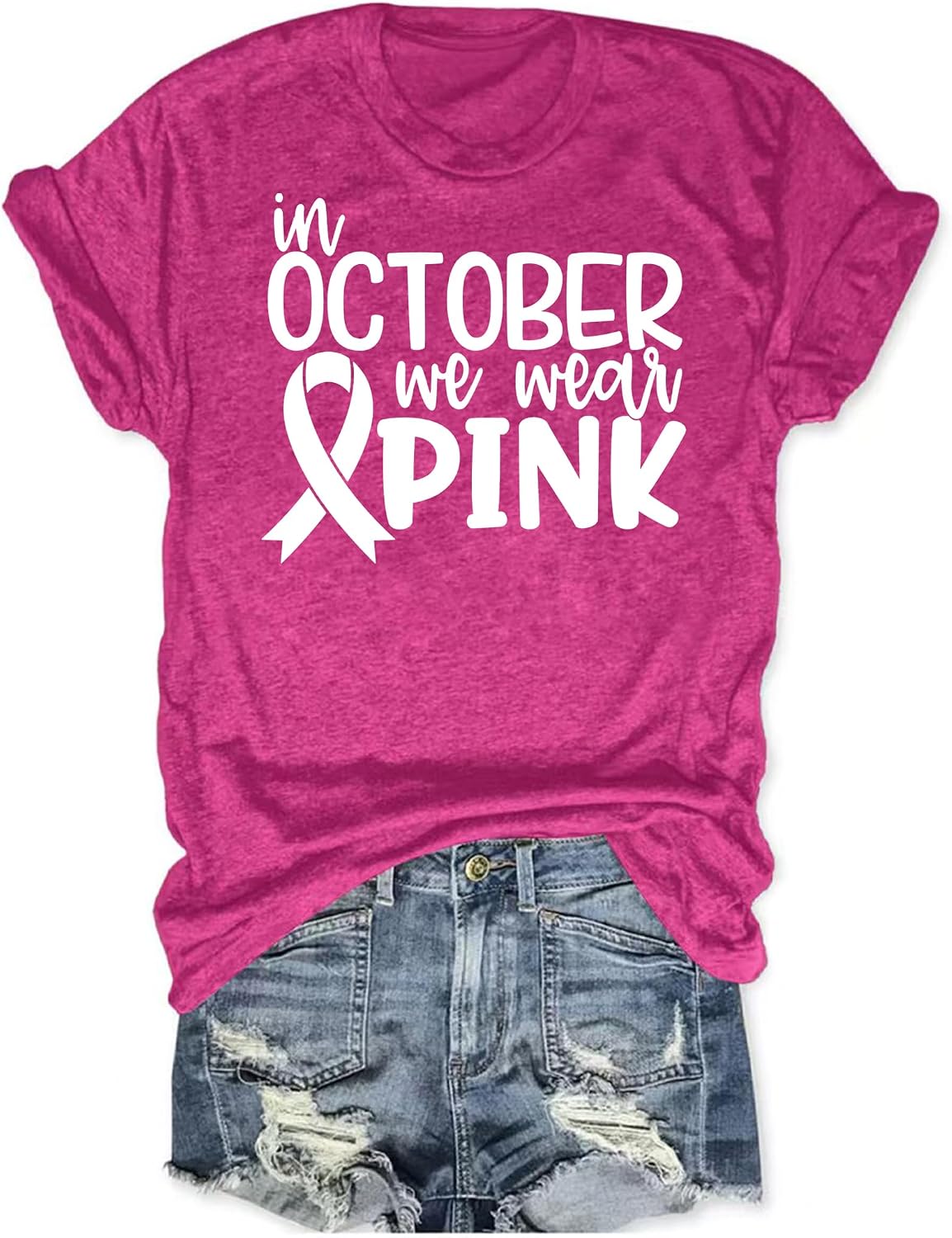 in October We Wear Pink Shirts Women Breast Cancer Awareness T-Shirts Pink Ribbon Graphic Tee Tops