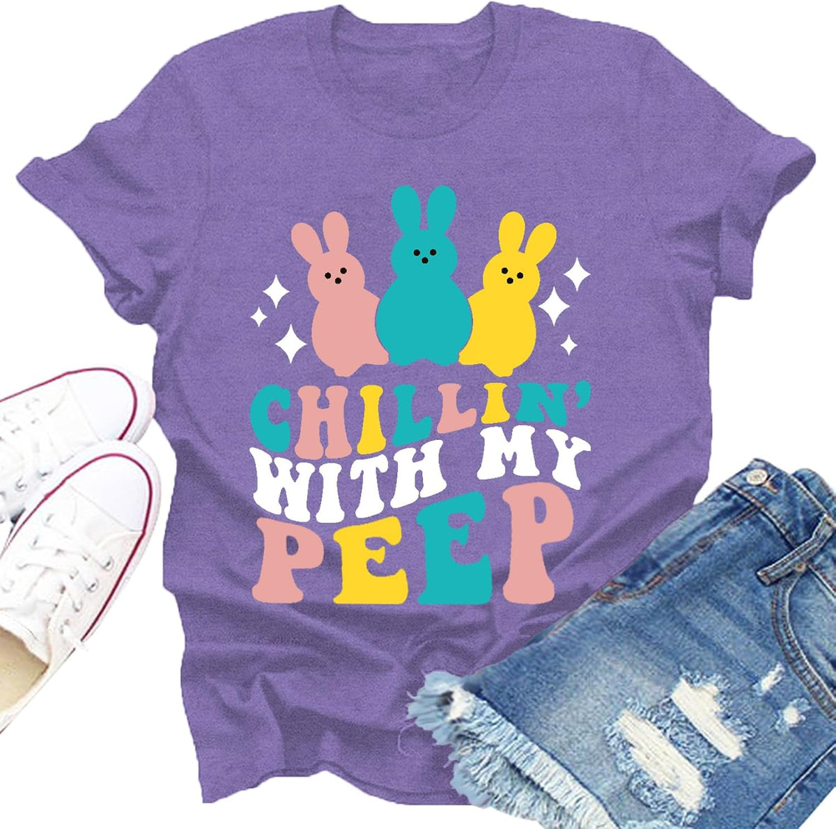 Easter Shirts for Women Chillin with My Funny Bunny Rabbit Happy Easter Tee Tops Unisex