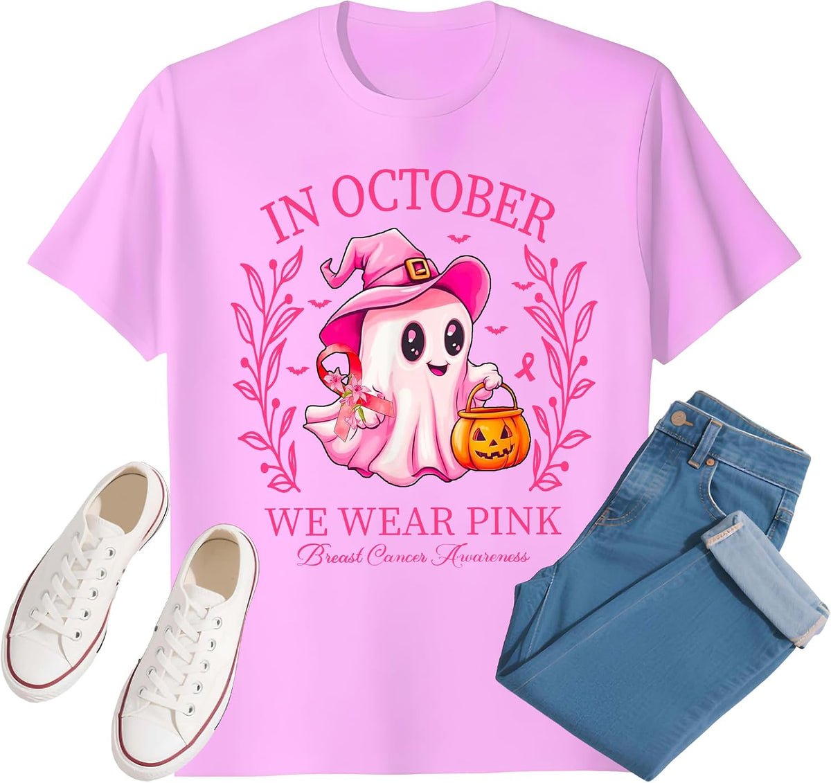 in October We Wear Pink Shirt Breast Cancer Shirts for Women Halloween Breast Cancer Awareness T-Shirt Unisex