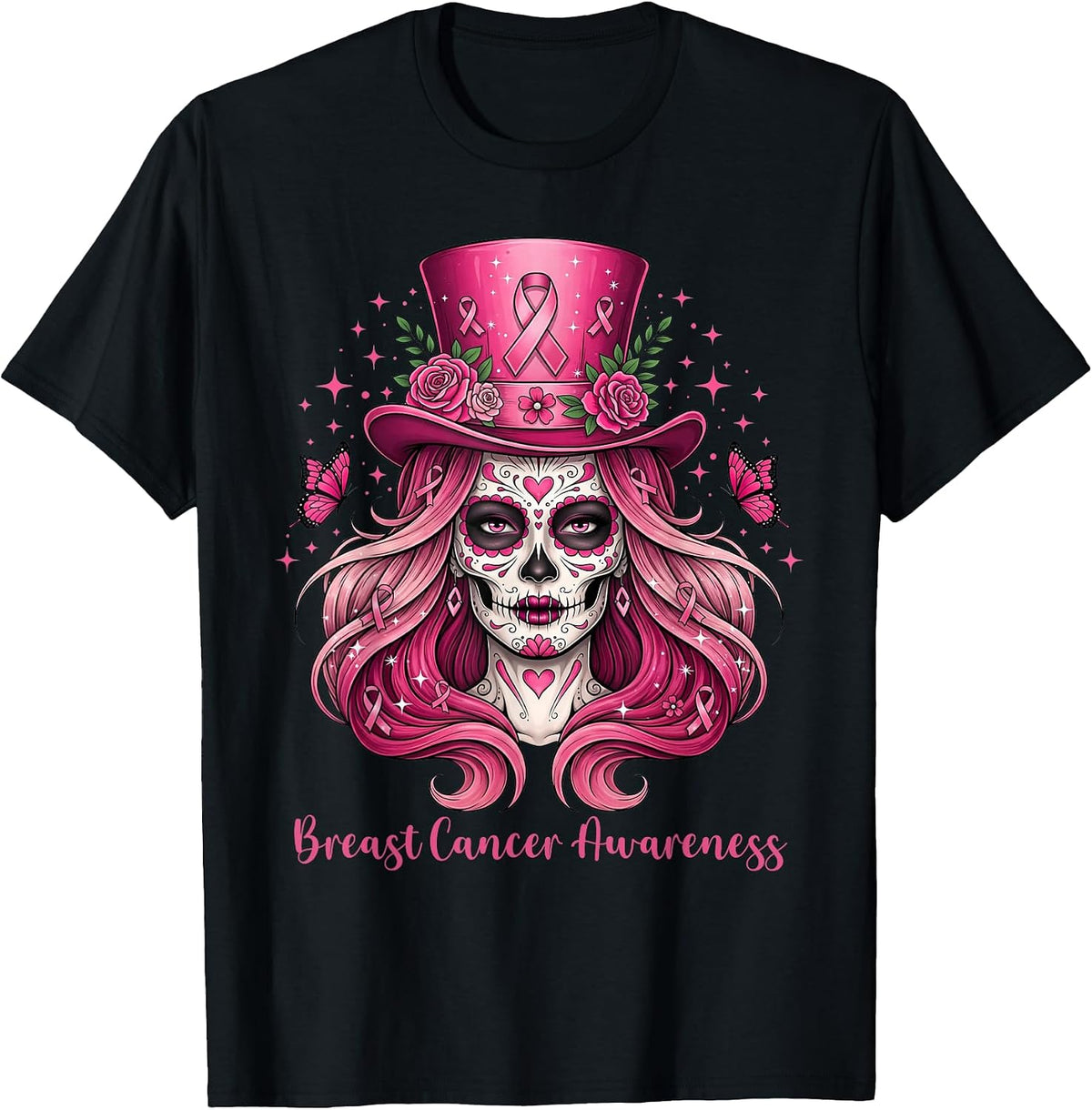 Skull Breast Cancer Awareness Skeleton Women Pink Ribbon T-Shirt