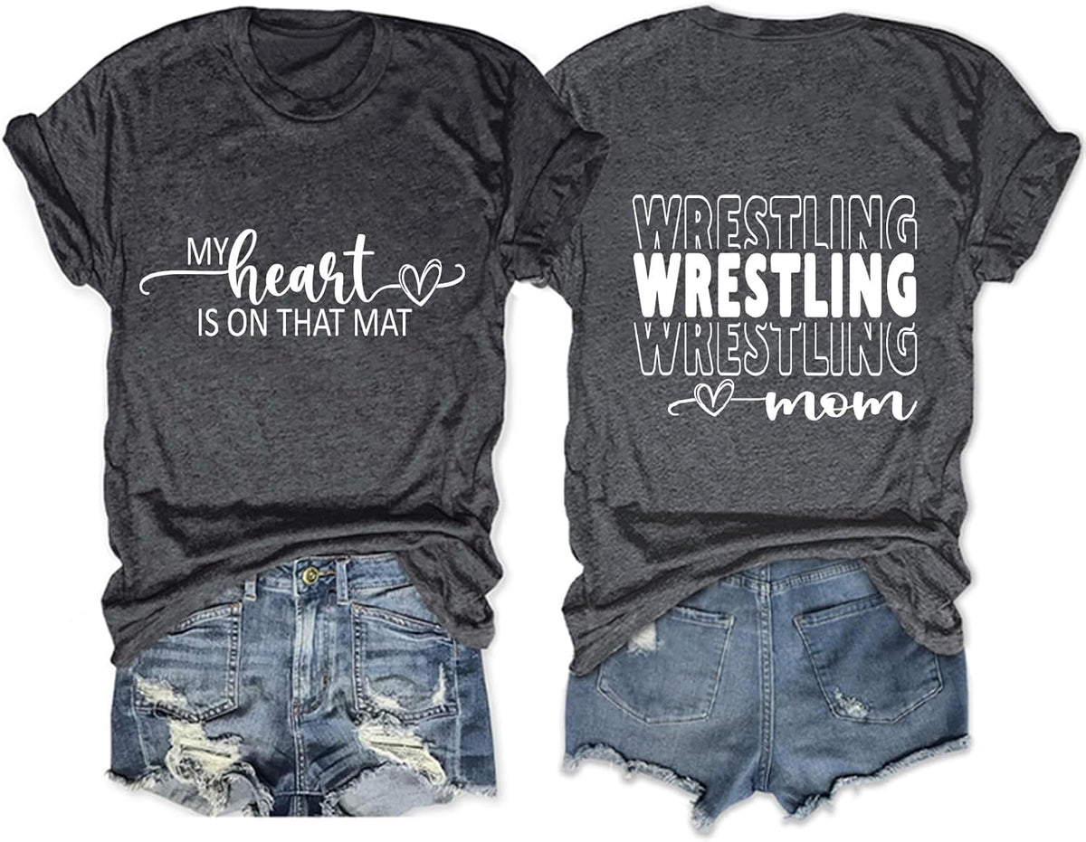 Wrestling Mom Shirt for Womens My Heart is on That Mat Tees Wrestling Mama Crew Neck T Shirt Casual Short Sleeve Tops