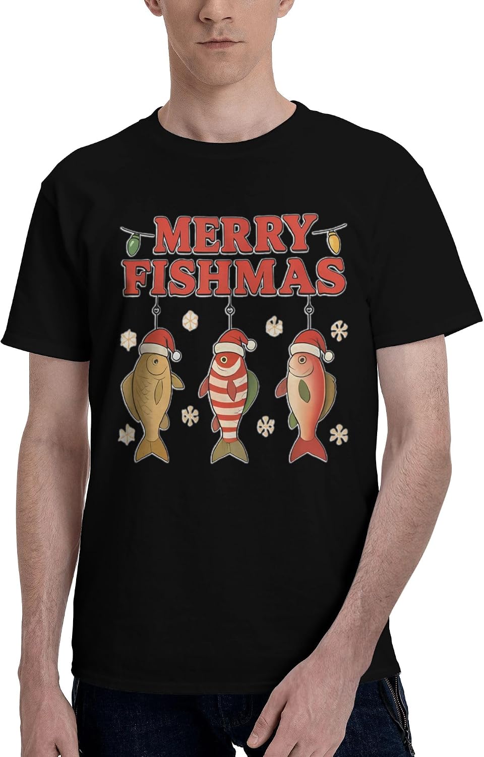 Fisherman Merry Christmas Funny Fishing Short Sleeve T-Shirts Men's Round Neck Workout Shirts Casual Tees Party Tops
