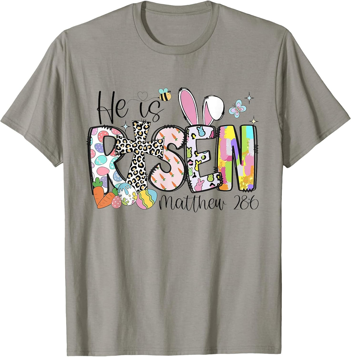 He Is Risen Easter Bunny Bible Verse Christian Cross Faith Unisex