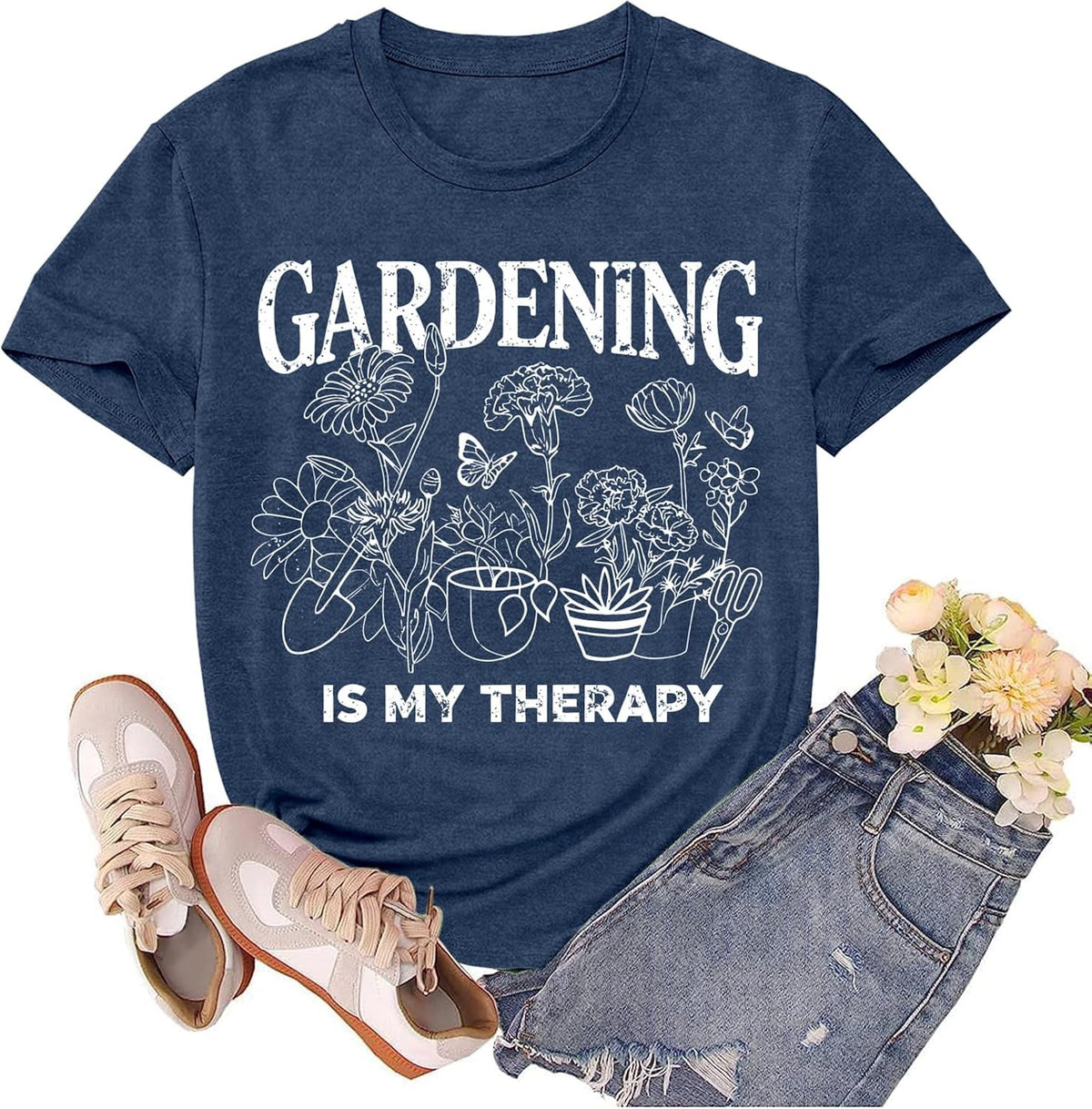 Womens Garden Shirts Plant Lover T-Shirt Gardening is My Therapy Tee Tops