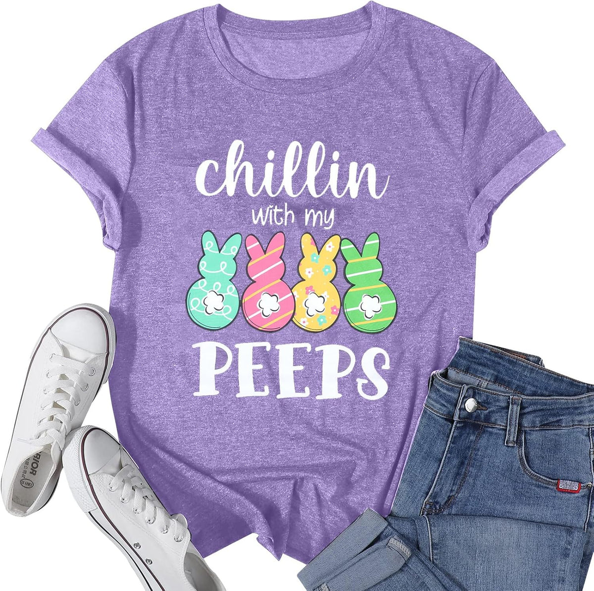 Happy Easter Shirts Women Bunny Shirt: Chillin with My Peeps Tshirt Cute Rabbit Graphic Easter Gift Tops
