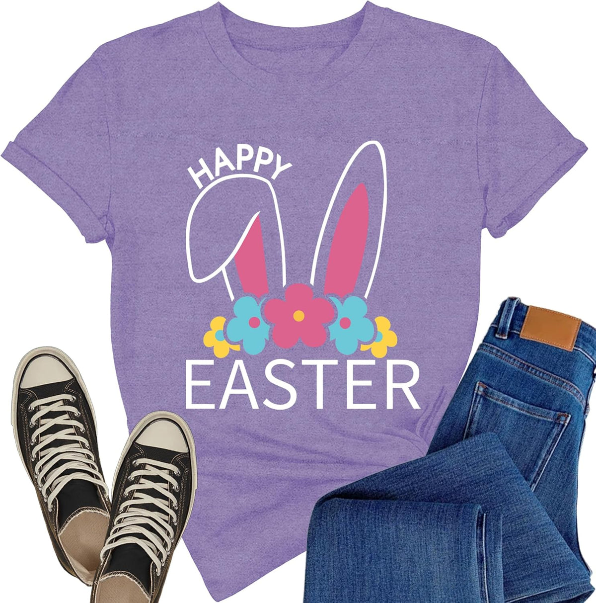 Happy Easter Shirts for Women Cute Rabbit s Bunny Ears Floral Print Tee Tops Unisex