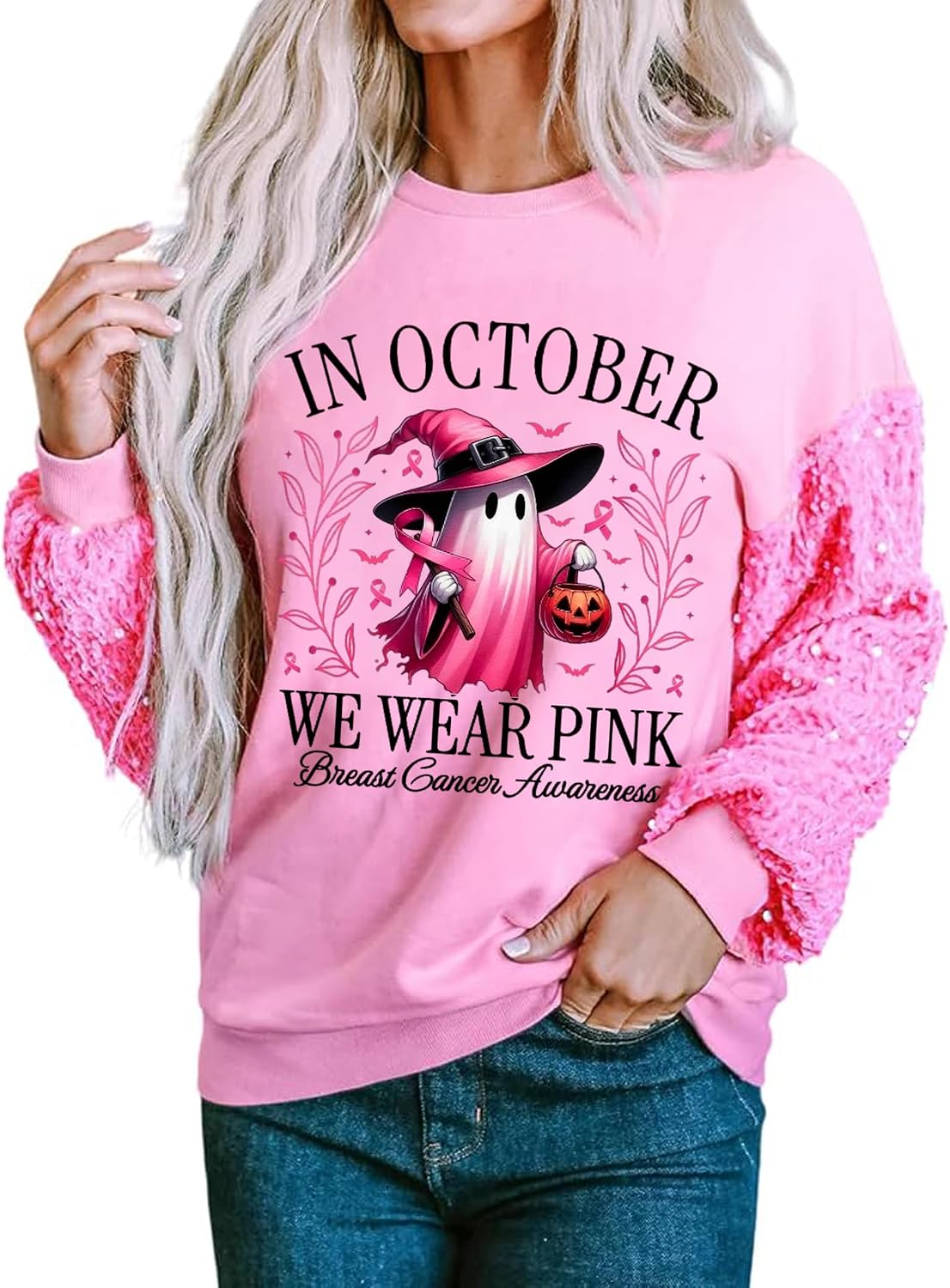 Women's Shirt for Mardi Gras Sparkling Sequin Sleeves Cute Valentine's Day Top Christmas Tees Breast Cancer Awareness T-Shirt