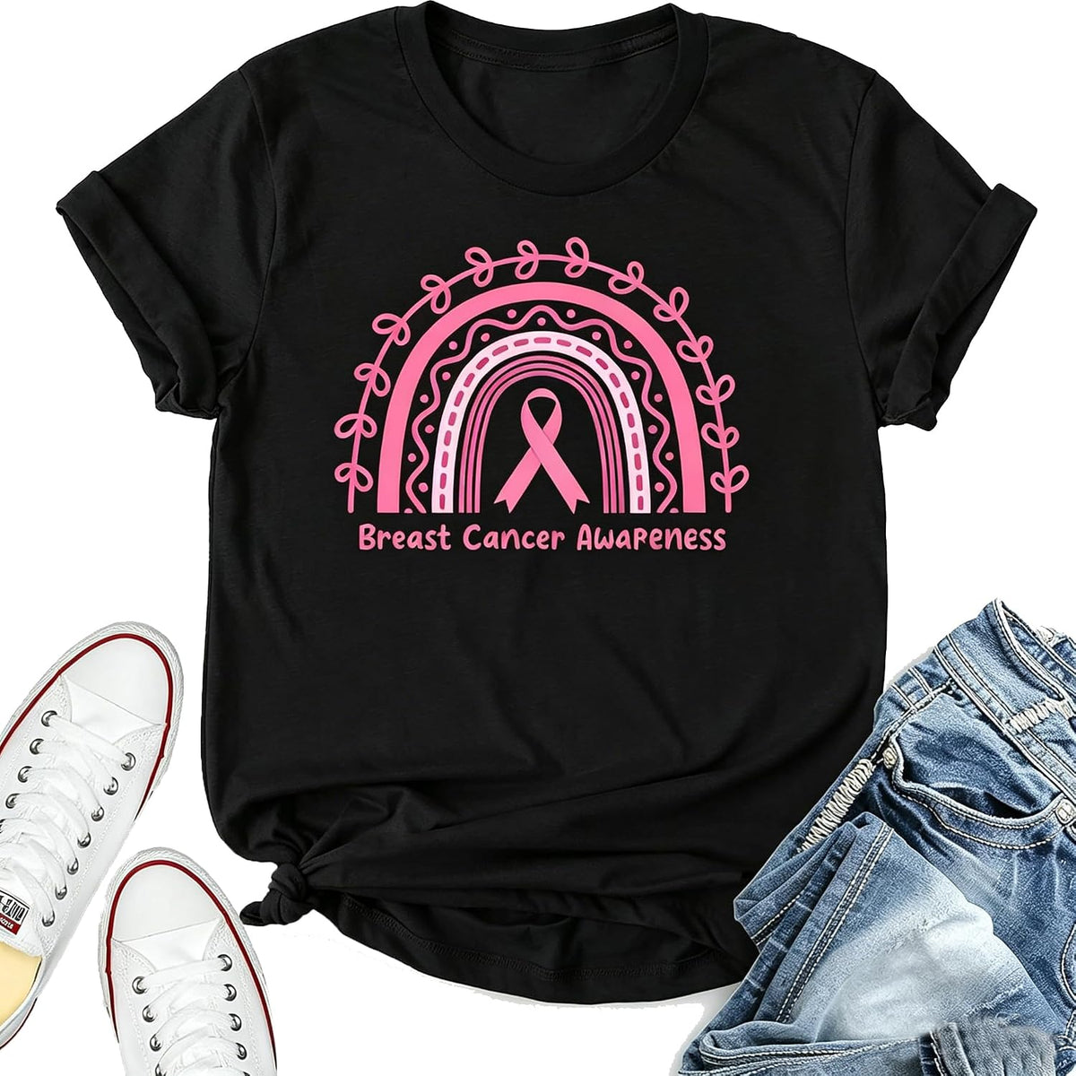 Women Breast Cancer Awareness Shirt Heart Pink Ribbon Graphic Print Tshirts