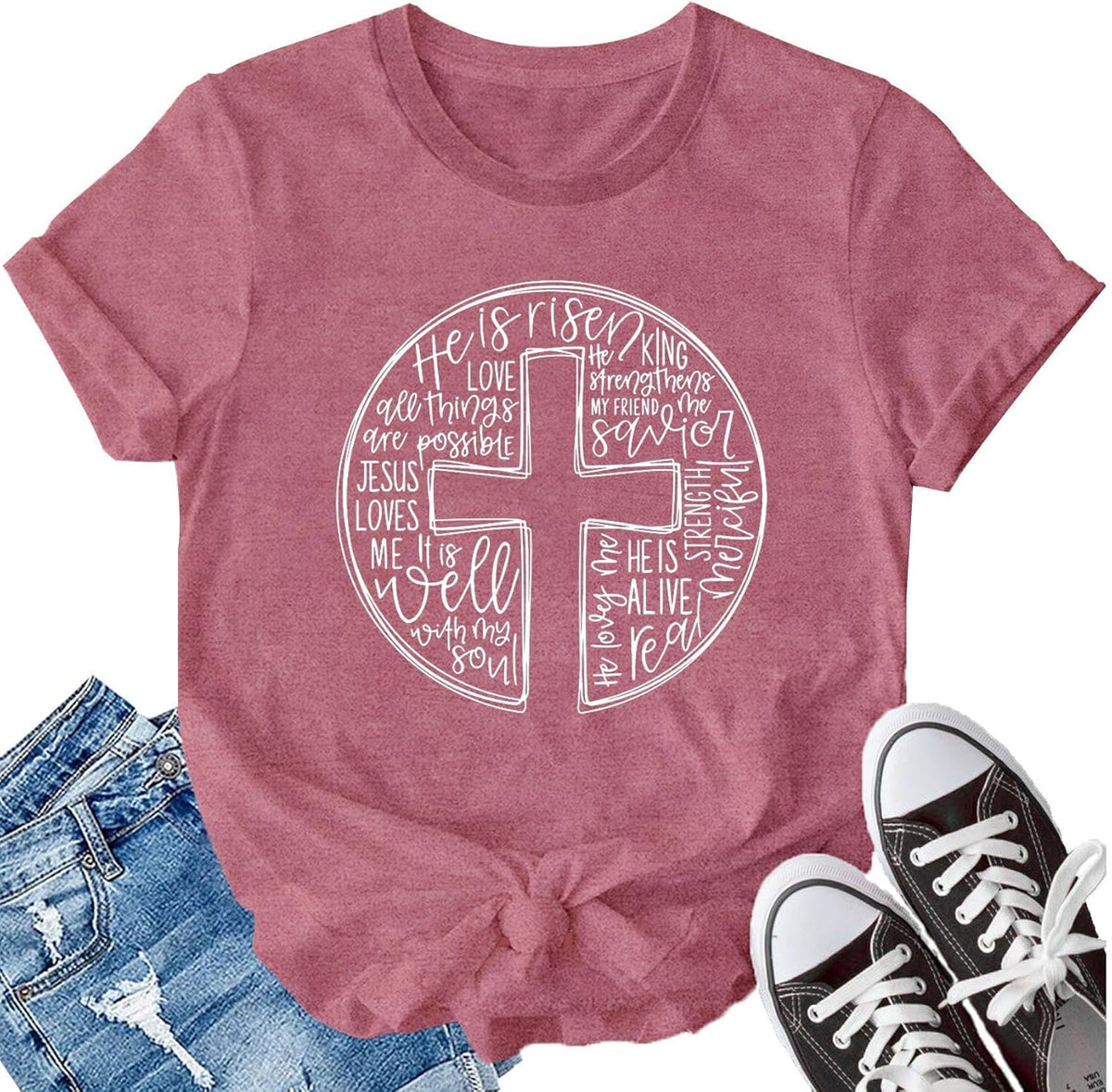 Christian Shirt for Women Christian Cross T Shirt He is Risen Tee Faith Casual Tops Unisex