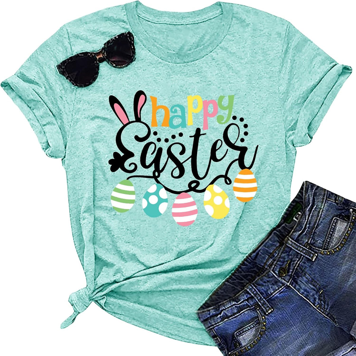 Happy Easter Shirts for Women Easter Bunny Rabbit Graphic Tees Easter Egg Holiday Shirt Tops