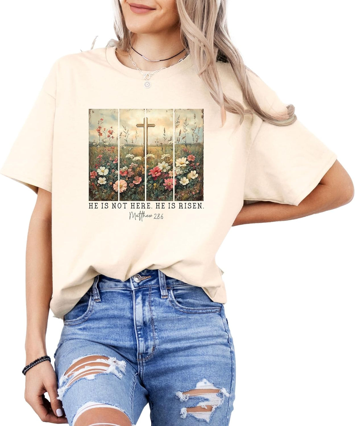 He is Risen – Matthew 28:6 Bible Verse Easter Tee – Christian Floral Cross Graphic Shirt