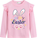 Toddler Girls Happy Easter Pink Long Sleeve Bunny Egg Hunt Graphic Raglan Ruffles Tee Tops 2-7 Years