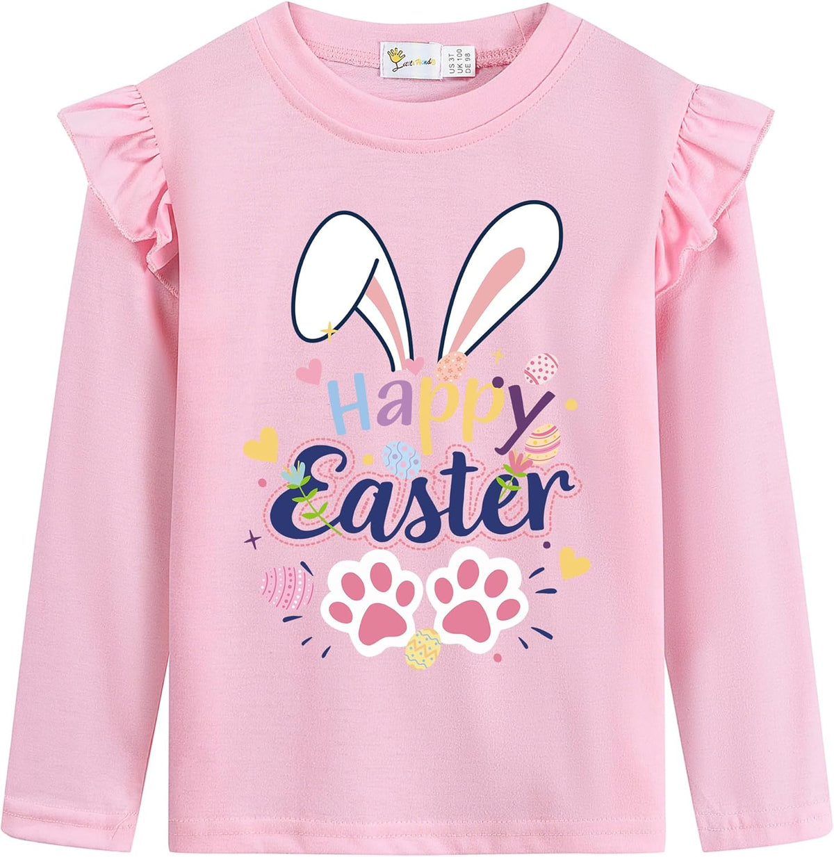 Toddler Girls Happy Easter Pink Long Sleeve Bunny Egg Hunt Graphic Raglan Ruffles Tee Tops 2-7 Years