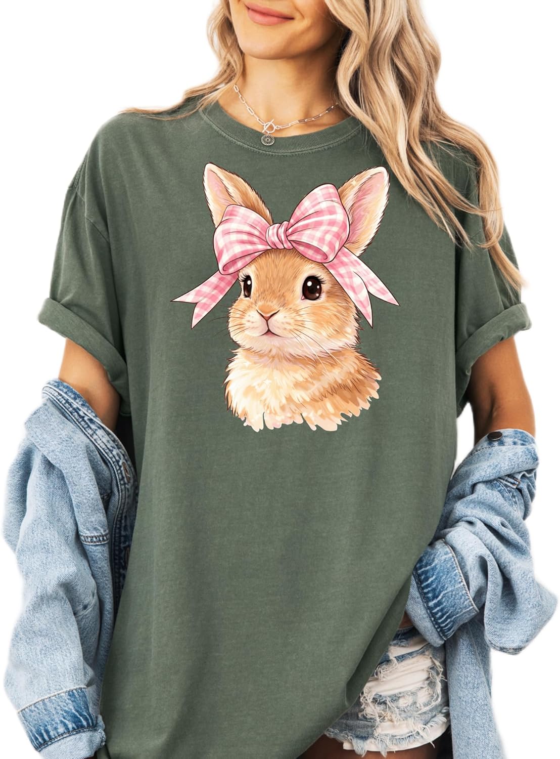 Comfort Colors Cute Bunny Pink Bow Easter Rabbit Graphic Tee Unisex