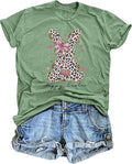 Easter Shirts for Women Leopard Rabbit Bunny Print Tee Happy Easter Day Gifts Short Sleeve
