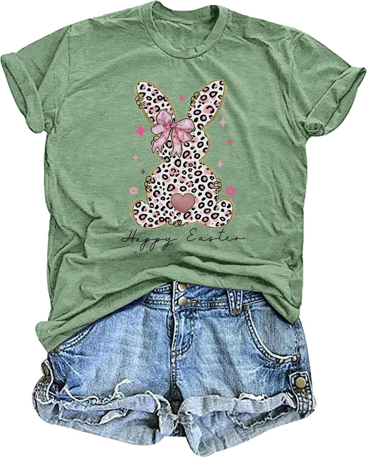 Easter Shirts for Women Leopard Rabbit Bunny Print Tee Happy Easter Day Gifts Short Sleeve