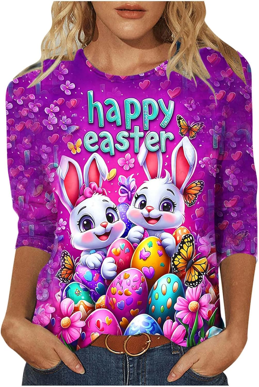 Easter Shirts for Women Plus Size Funny Bunny Eggs Graphic Tee Shirts Spring Fashion 3/4 Sleeve Holiday Casual Tops