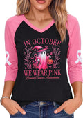 Breast Cancer Awareness Shirt Women V-Neck 3/4 Sleeve Pink Ribbon Support Squad Pink Ghost Graphic Tee Survivor Tops