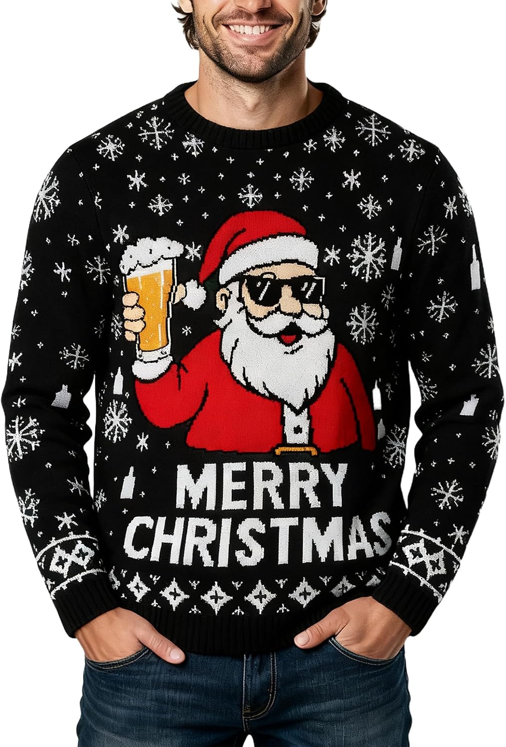 Ugly Christmas Sweater for Men Funny Santa Beer Snowflake Pullover