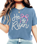He is Risen Christian Shirt for Women - Pearl Bow Easter Faith Graphic Tee Unisex