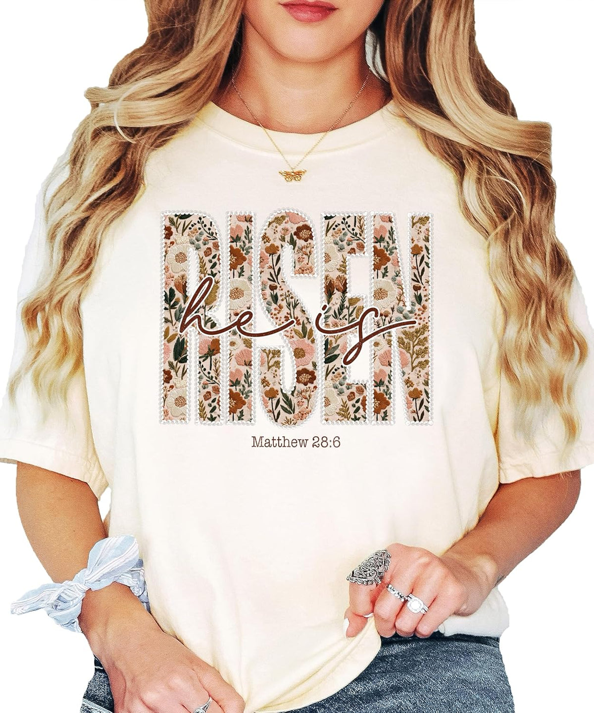 He is Risen Shirt for Women - Ink-Printed Pearls Easter Matthew 28:6 Floral Christian Graphic Tee