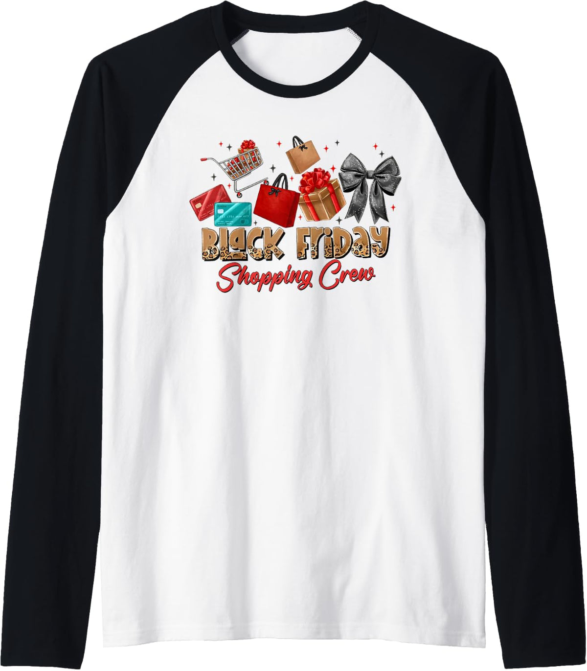 Friday Shopping Crew Coquette Bow Leopard Christmas Black Raglan Baseball Tee