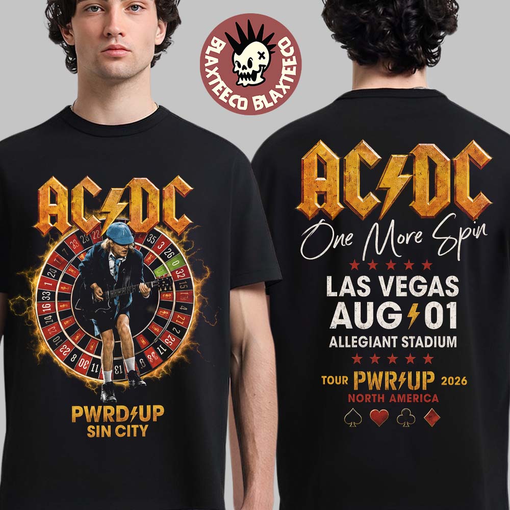 ACDC Las Vegas NV 2026 Specific City Tee At Allegiant Stadium On August 1 2026 PWRD Up Sin City Two Sided T-Shirt