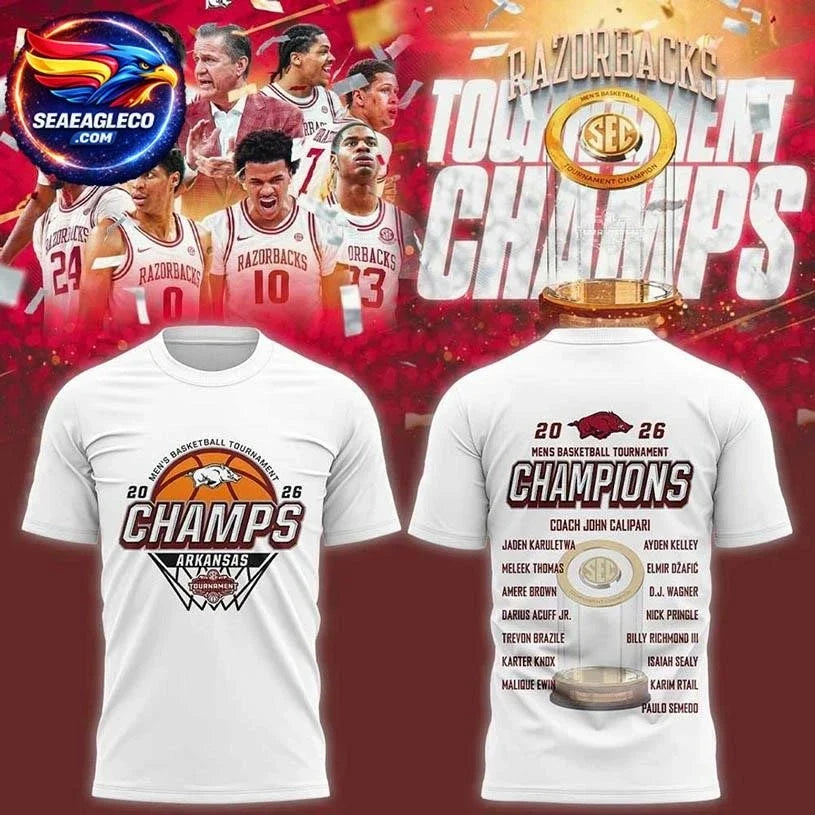 Arkansas Razorbacks SEC Men’s Basketball Tournament Champions 2026 Two Sided Shirt Unisex