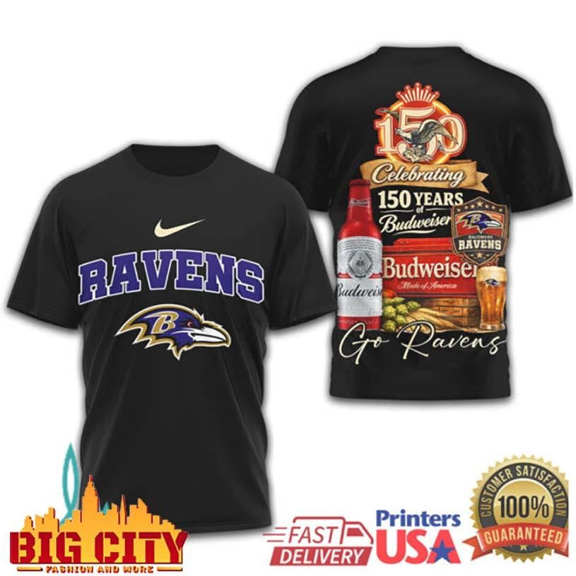 Baltimore Ravens Celebrating 150 Years of Budweiser Beer Two Sided Shirt Unisex