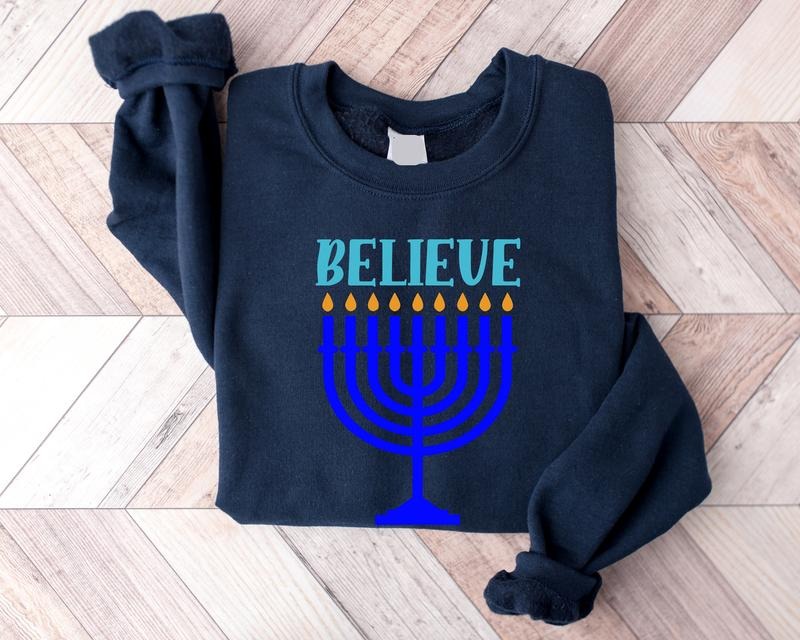 Believe Sweatshirt, Hanukkah Sweater, Religious Hoodie, Jewish Friend Gift Sweater, Candle Lights Long Sleeve, Jewish...