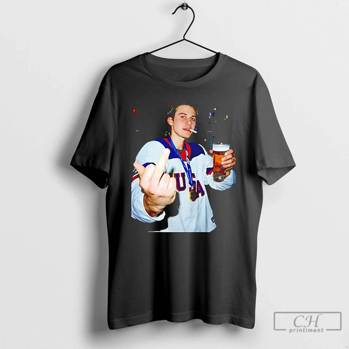 Classic Jack Hughes Middle Finger And Beer Usa Hockey Champion Gold 2026 T Shirts Sweater Unisex