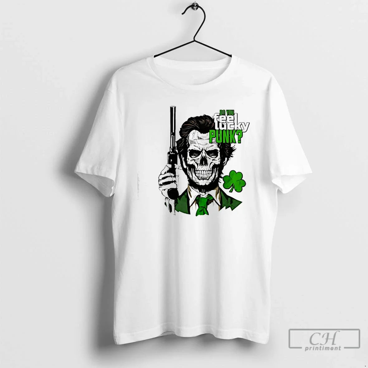 Classic Skull Holding Gun Do You Feel Lucky Punk Shamrock Unisex