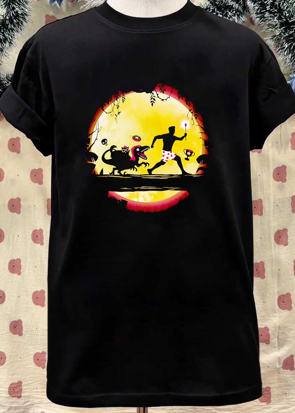 Dinosaur Chase Man with Torch Heart Shorts Trophy shirt