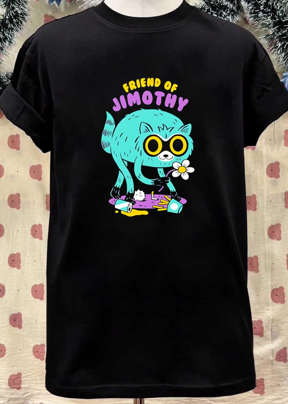 Friend of Jimothy Cute Teal Raccoon Sniffing Flower Trash T-Shirt