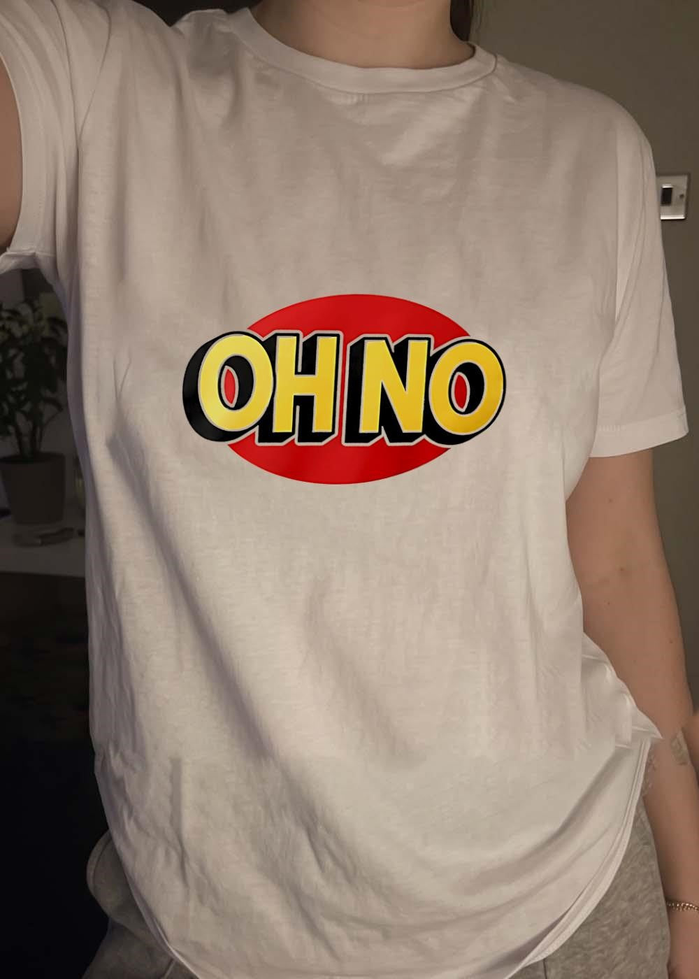 Funny Expression Oh No Red Oval Text T-Shirt